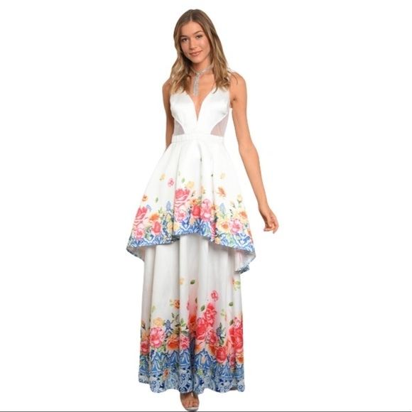 Floral Maxi Dress Party Gown Size L New - Picture 1 of 12